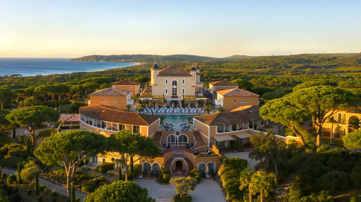 Aerial view of Airelles Saint-Tropez, Château de la Messardière in Saint-Tropez, France.