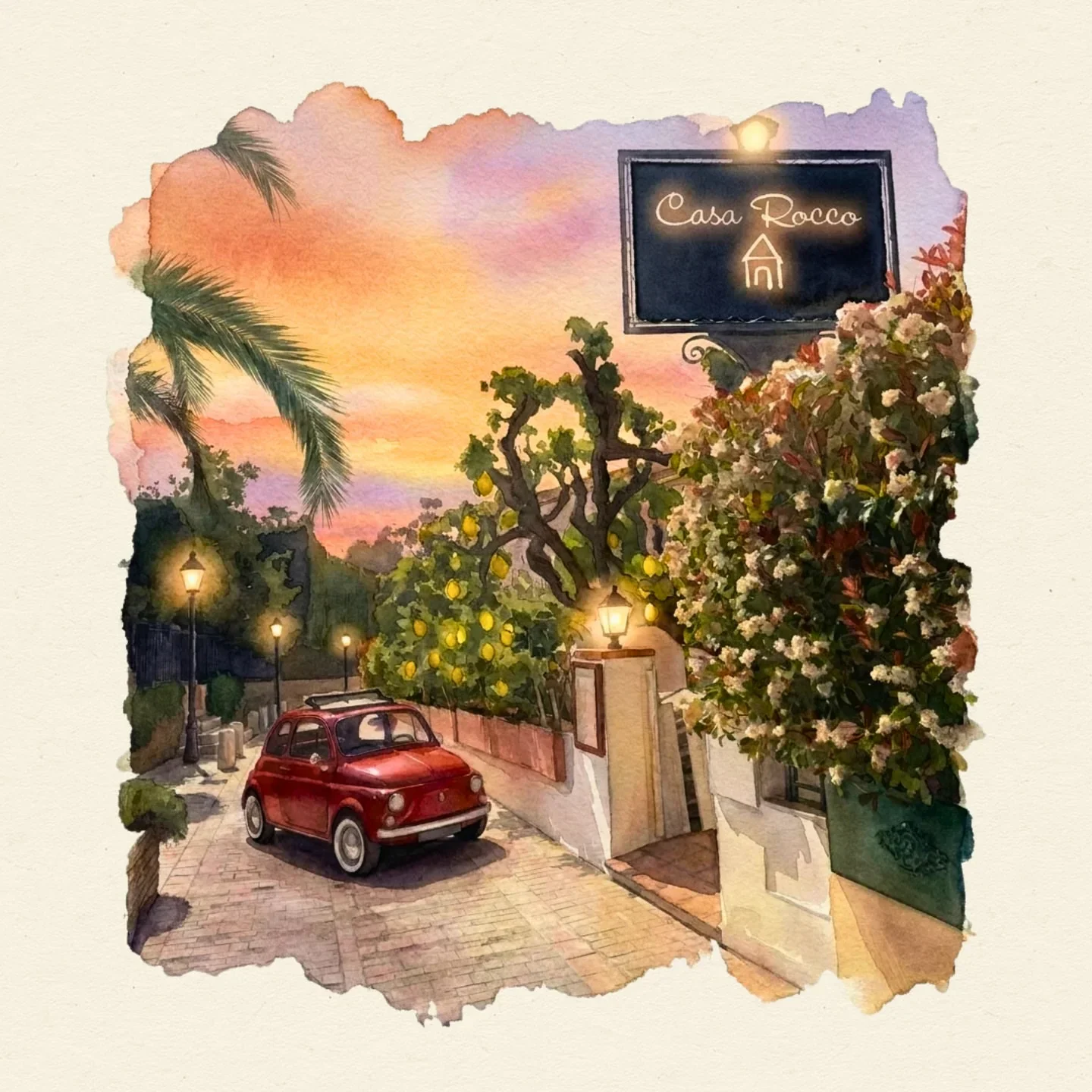 Casa Rocco restaurant exterior in Saint-Tropez with a vintage red car and sunset sky.