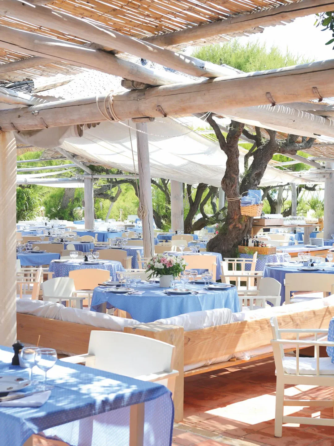 Le Club 55 beach club exterior with blue checkered tables and white chairs under a thatched roof in St. Tropez.