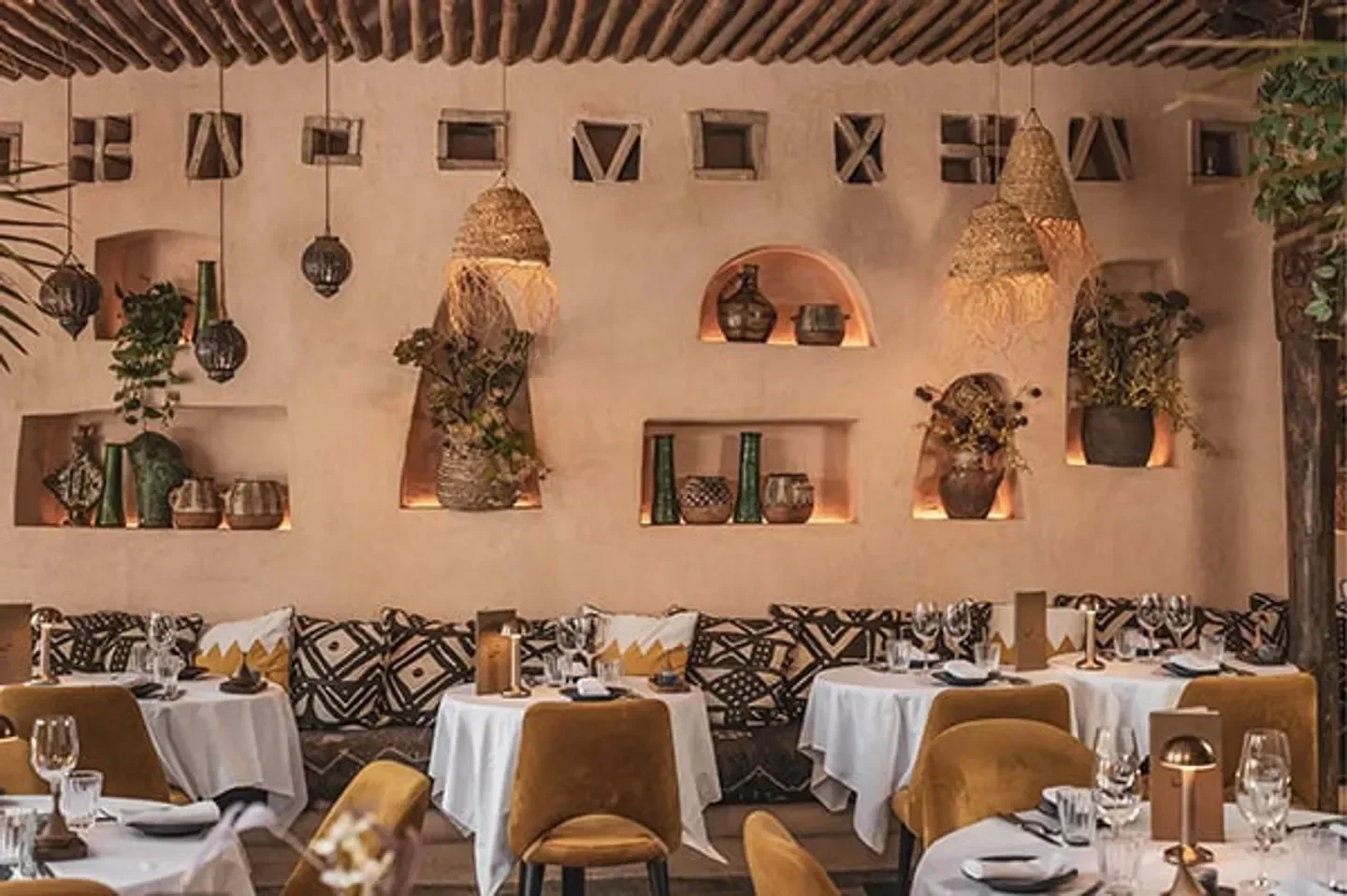 Cozy dining room at Salama restaurant in Saint-Tropez, showcasing stylish decor and ambiance