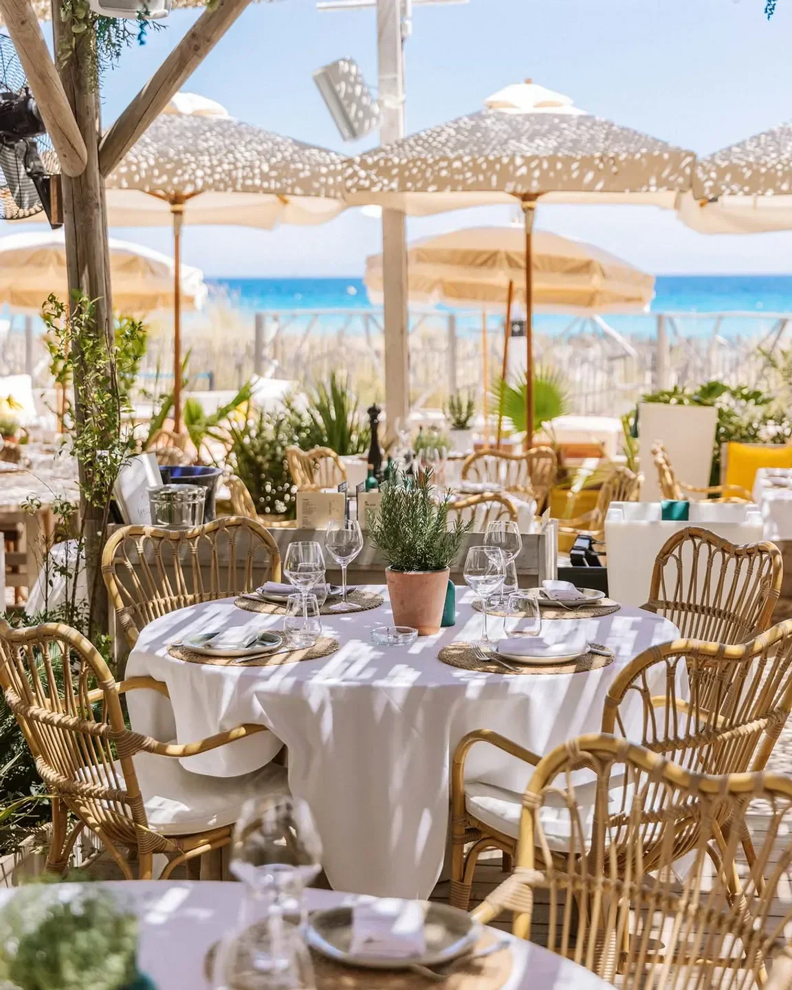 Shellona restaurant in Saint-Tropez. Beachside dining with elegant table settings and ocean view.
